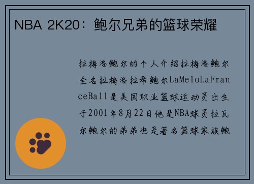 NBA 2K20：鲍尔兄弟的篮球荣耀